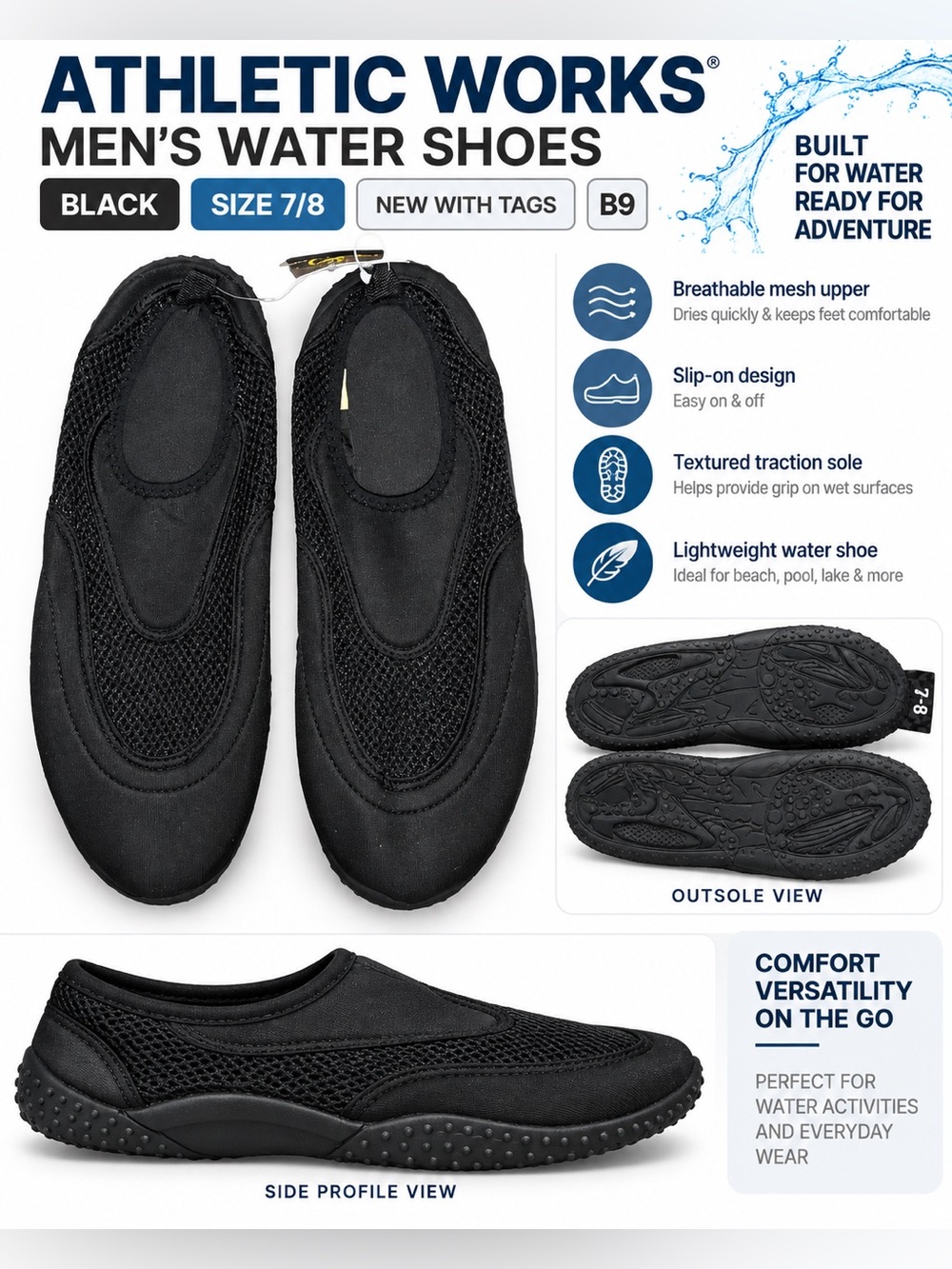 ATHLETIC WORKS MEN’S WATER SHOES – BLACK SIZE 7/8 (NEW WITH TAGS) B9